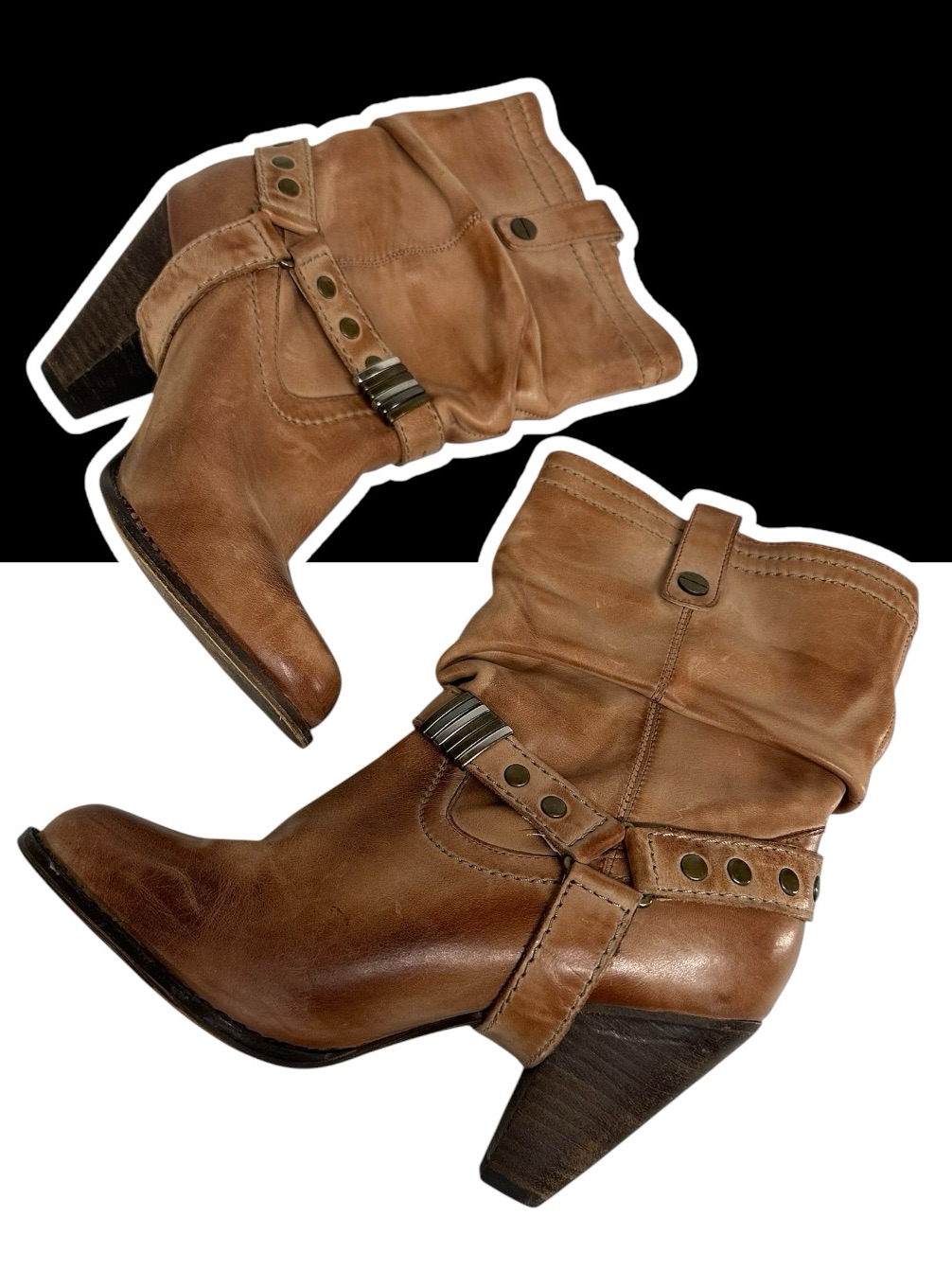 Aldo / Tan Leather Western Booties / Round Toe Stacked Heel / Size 6.5 / Hipster